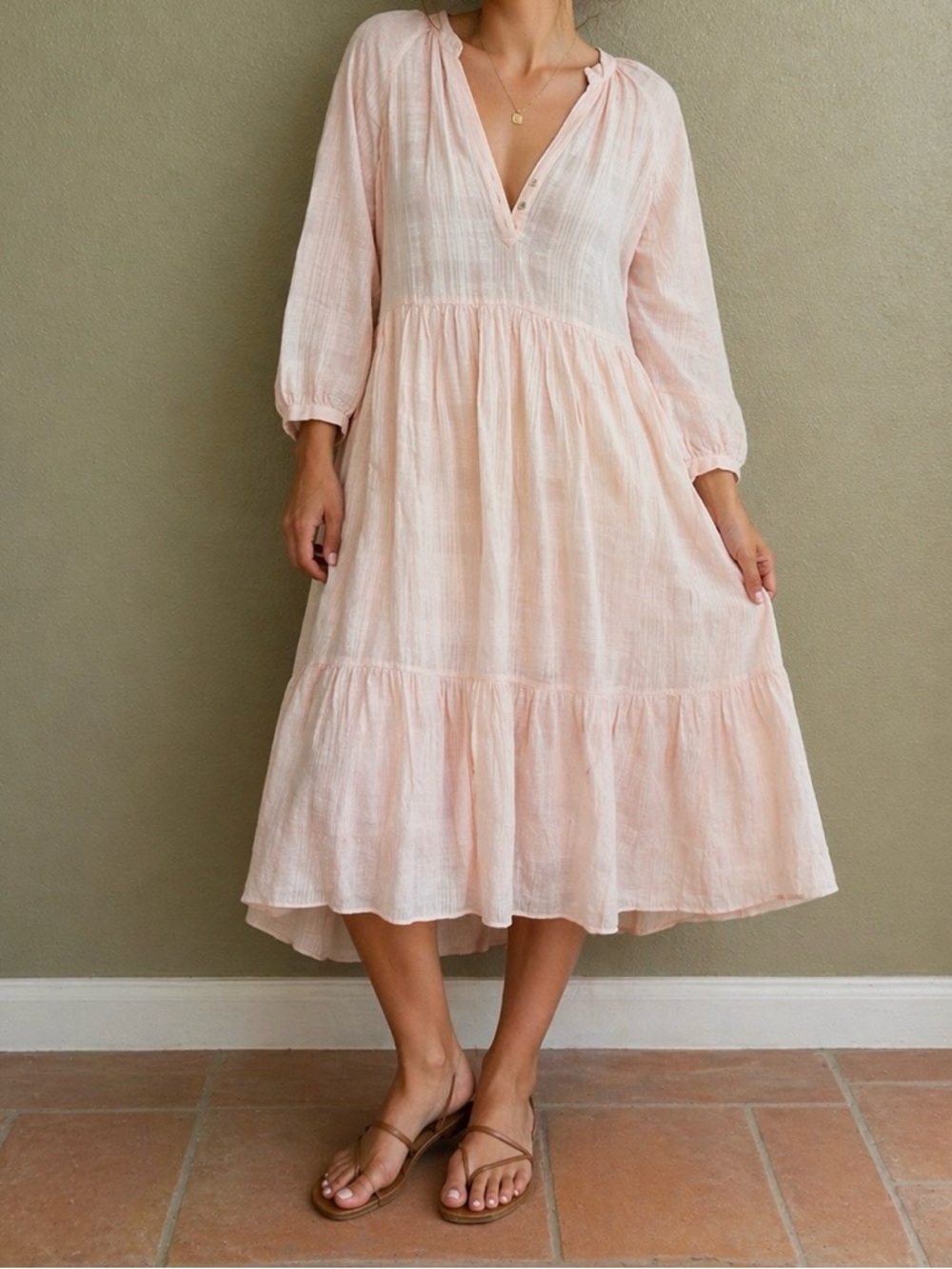 Veronica Beard Blush Pink V-Neck Tiered Midi Dress